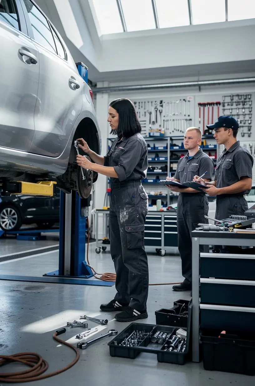 Lehrkraft zeigt den korrekten Umgang mit Diagnosetechnik an einem Motor in einer Trainingsgarage.