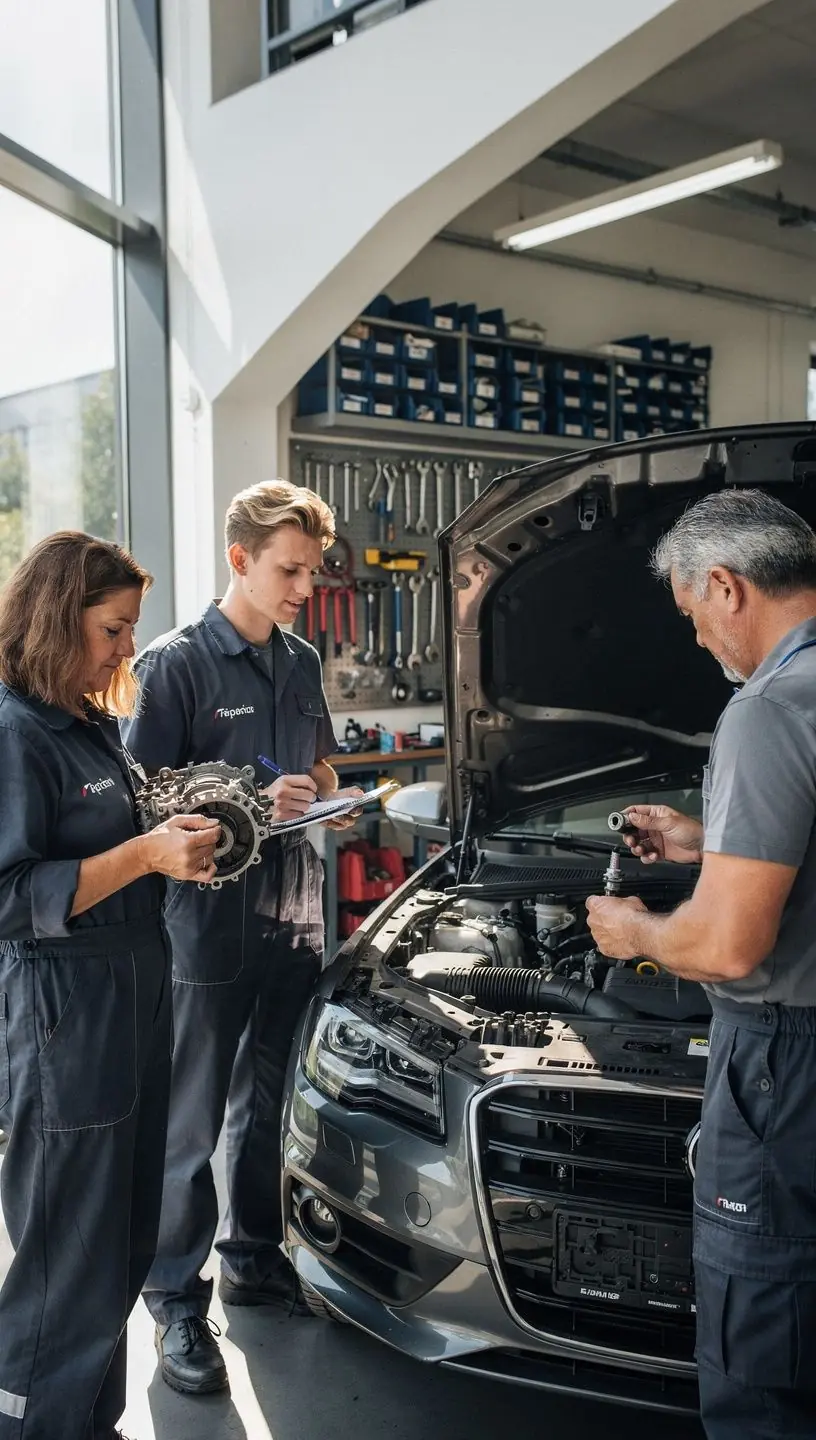 Teilnehmer üben den Ölwechsel an einem PKW während eines praxisorientierten Automobil-Workshops.