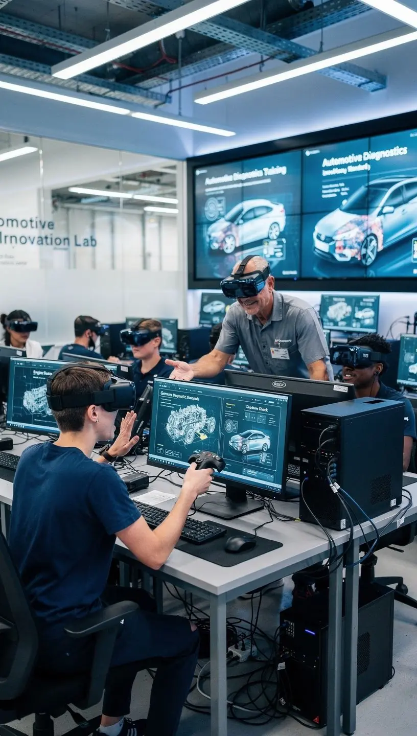 Technische Zeichnungen und Werkzeuge liegen auf einem Tisch, bereit für eine Schulung zur Fahrzeugreparatur.